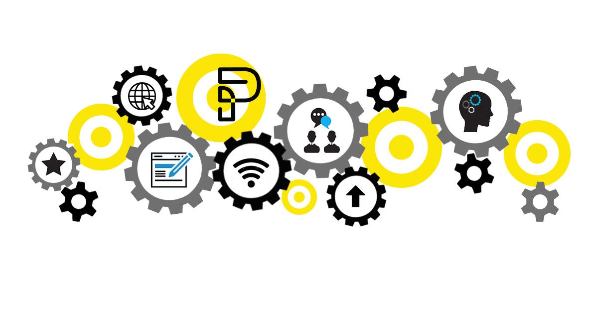 Black, yellow and grey gears and targets composition with 3 icons for the 3 hottest Business Communication Skills