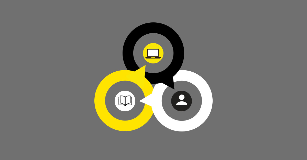 3 overlapping circles one with a learner icon, one with a PC icon and one with a book icon symbolising online education