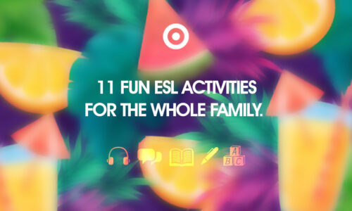 summer picture with fruits and headphones icon symbolising listening ESL skills, speaking bubbles icon symbolising speaking ESL skills, book icon and pen symbolising writing ESL skills and ABC cubes icon symbolising vocabulary ESL skills 11 ESL activities