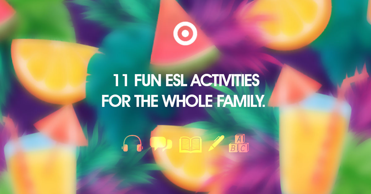 summer picture with fruits and headphones icon symbolising listening ESL skills, speaking bubbles icon symbolising speaking ESL skills, book icon and pen symbolising writing ESL skills and ABC cubes icon symbolising vocabulary ESL skills 11 ESL activities
